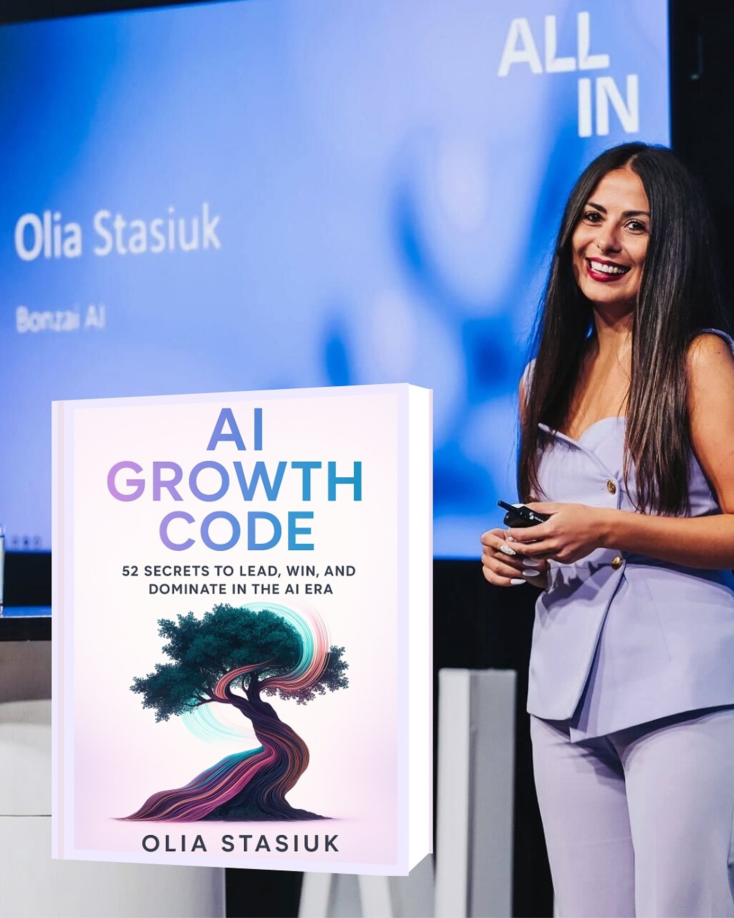 Olia Stasiuk presenting AI Growth Code on the ALL IN stage